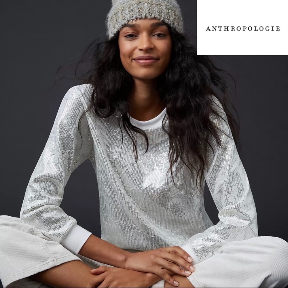 NWT Anthropologie En Elly Ivory Jacki Sequined White & Silver Top